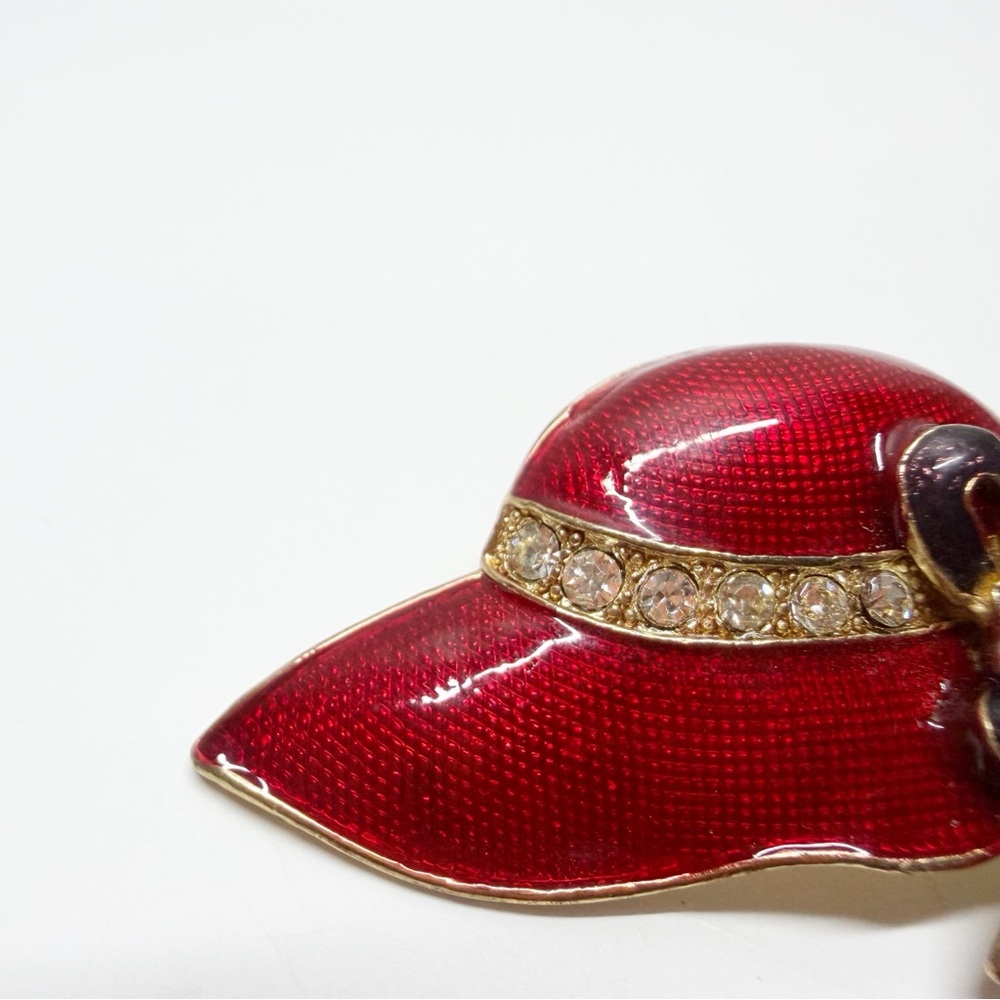Enamel Rhinestone Floral Ribbon Red Hat Brooches - Picture 3 of 12